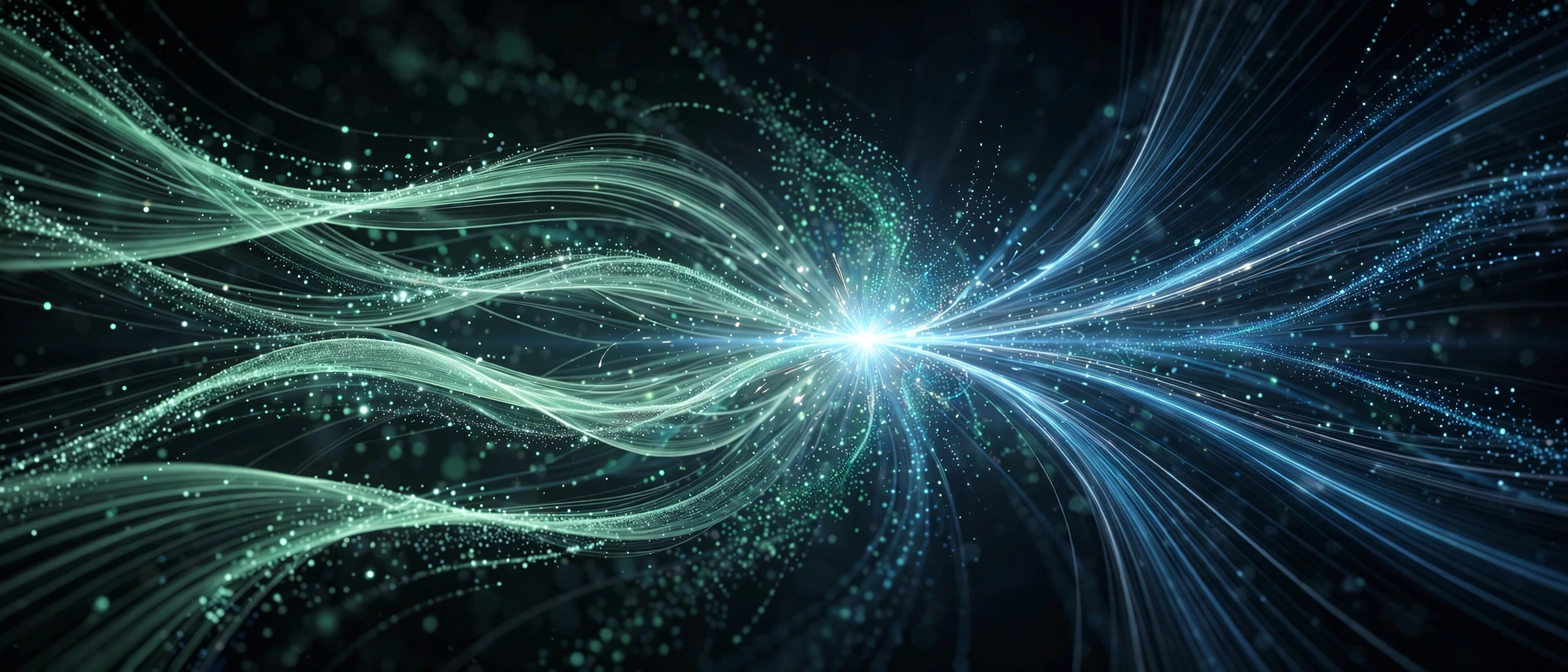 Streams of luminous data converging into a bright central point